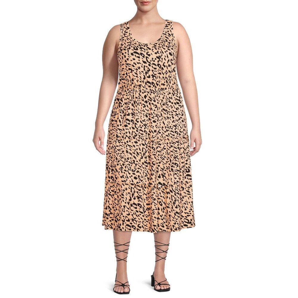 Terra & Sky Women's Leopard Sleeveless Tiered Midi Dress - NWT, Ox